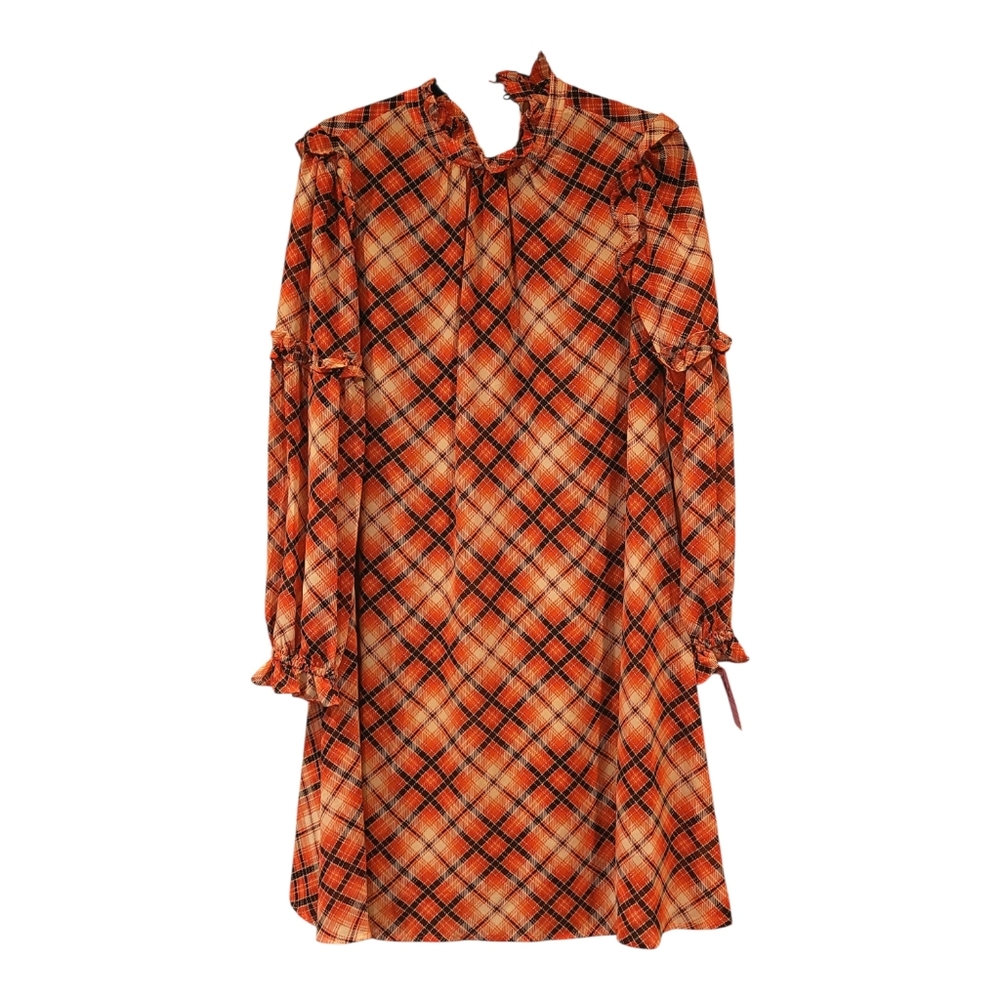 Vintage Plaid Orange Long-Sleeve Women's Dress